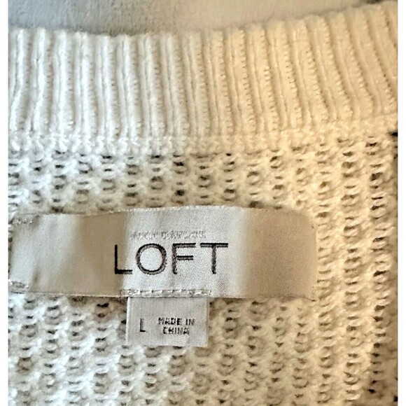 LOFT Basketweave Pointelle Shirttail Sweater - Cream/Ivory - Size Large - Picture 9 of 13